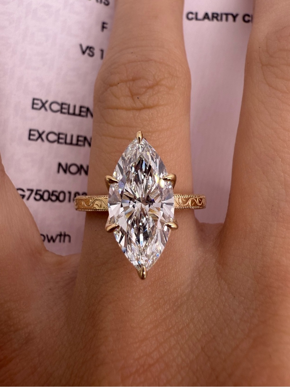3.02 carat F VS1 marquise lab diamond solitaire engraved band engagement ring